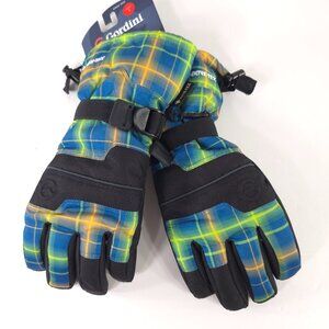 NWT GORDINI GLOVES BOYS GORE-TEX JUNIORS SIZE LARGE BLUE YELLOW PLAID AND BLACK.